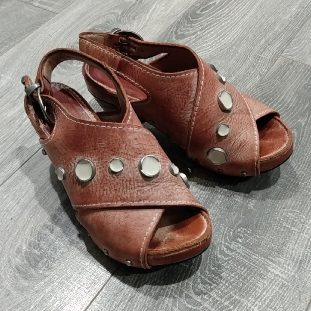 John Fluevog Brown Mules with Chunky Wooden Heel